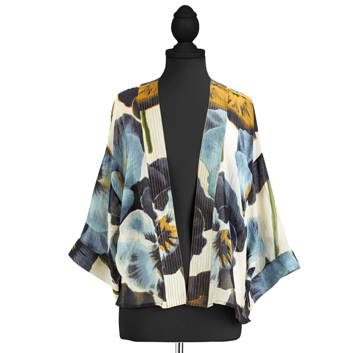 Pansy Flower Short Kimono on mannequin