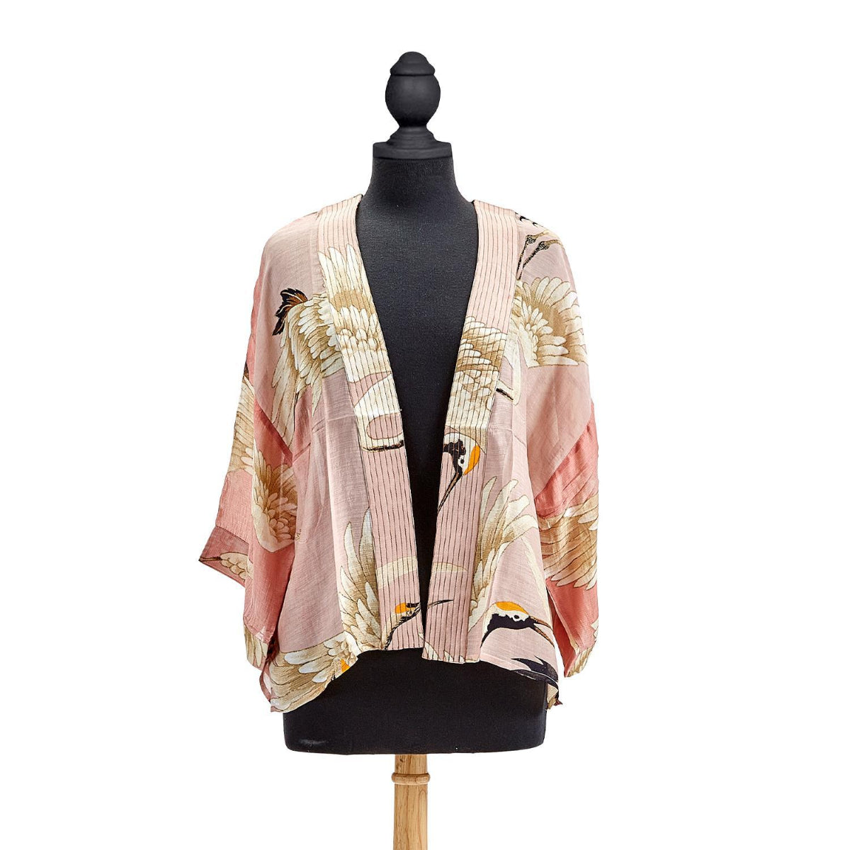 Great Heron Short Kimono in Pink on mannequin