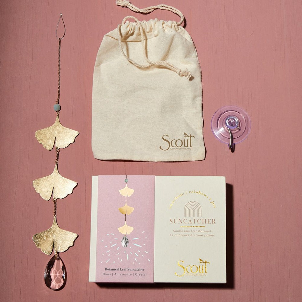 Scout Curated Wears Crystal Suncatcher Ginkgo Botanical Leaf and Amazonite. Includes Box, Suction Cup Hook, and Cotton Pouch.