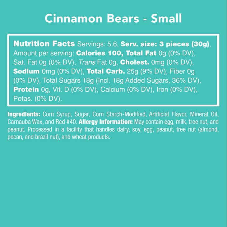 Candy Club Cinnamon Bears Nutrition Faces and Ingredients Label.