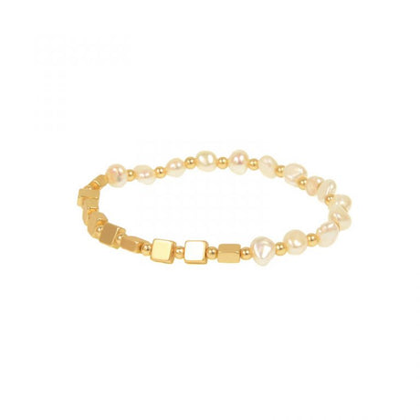 Freshwater Pearl Matte Gold Bead Stretch Bracelet