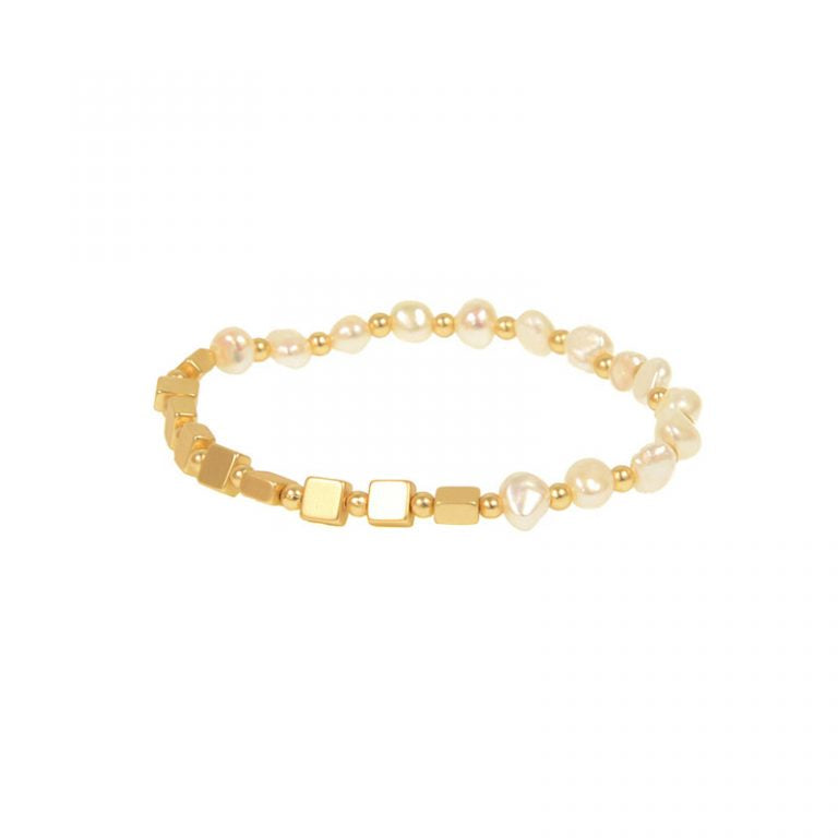 Freshwater Pearl Matte Gold Bead Stretch Bracelet
