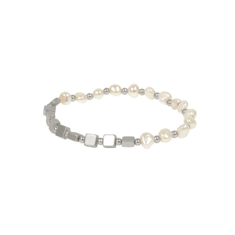 Freshwater Pearl Matte Silver Bead Stretch Bracelet