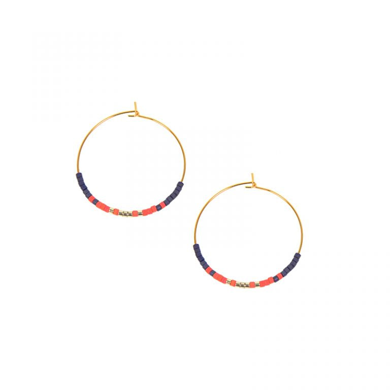 Navy + Coral Beaded Gold Hoops - Hello World Modern Mercantile