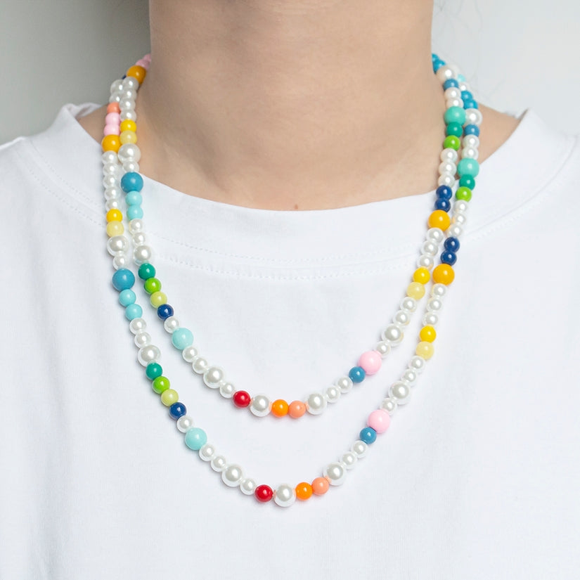 Rainbow Bead & Glass Pearl Double Strand Necklace