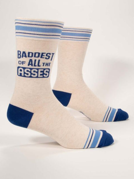 Blue Q Men's Crew Socks Baddest Of All The Asses in White and Blue.