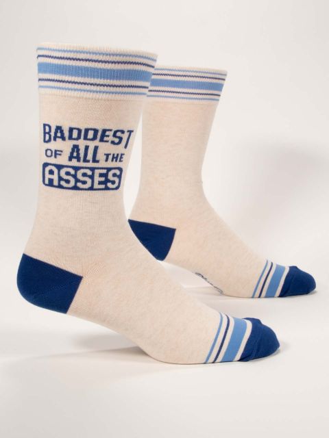 Blue Q Men's Crew Socks Baddest Of All The Asses in White and Blue.