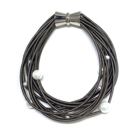 Slate Grey Piano Wire Magnetic Clasp Bracelet with Freshwater Pearls