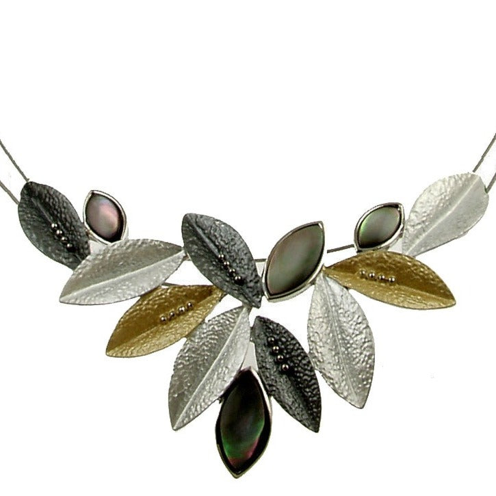Gold Grey Silver Color Abalone Leaf Magnetic Clasp Closure Art to Wear Pendant Necklace