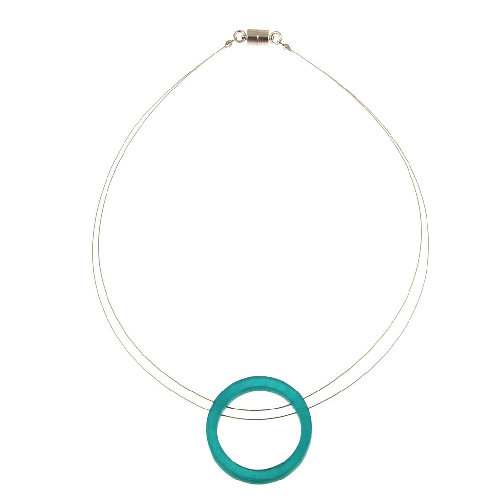 Origin Jewelry Circle O Resin Pendant Magnetic Lock Clasp Necklace - Turquoise Blue Green Color