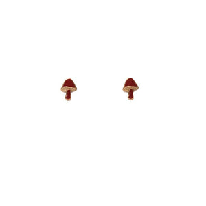 Tiny Mushroom Earrings in Red and Goldtone Brass Handmade