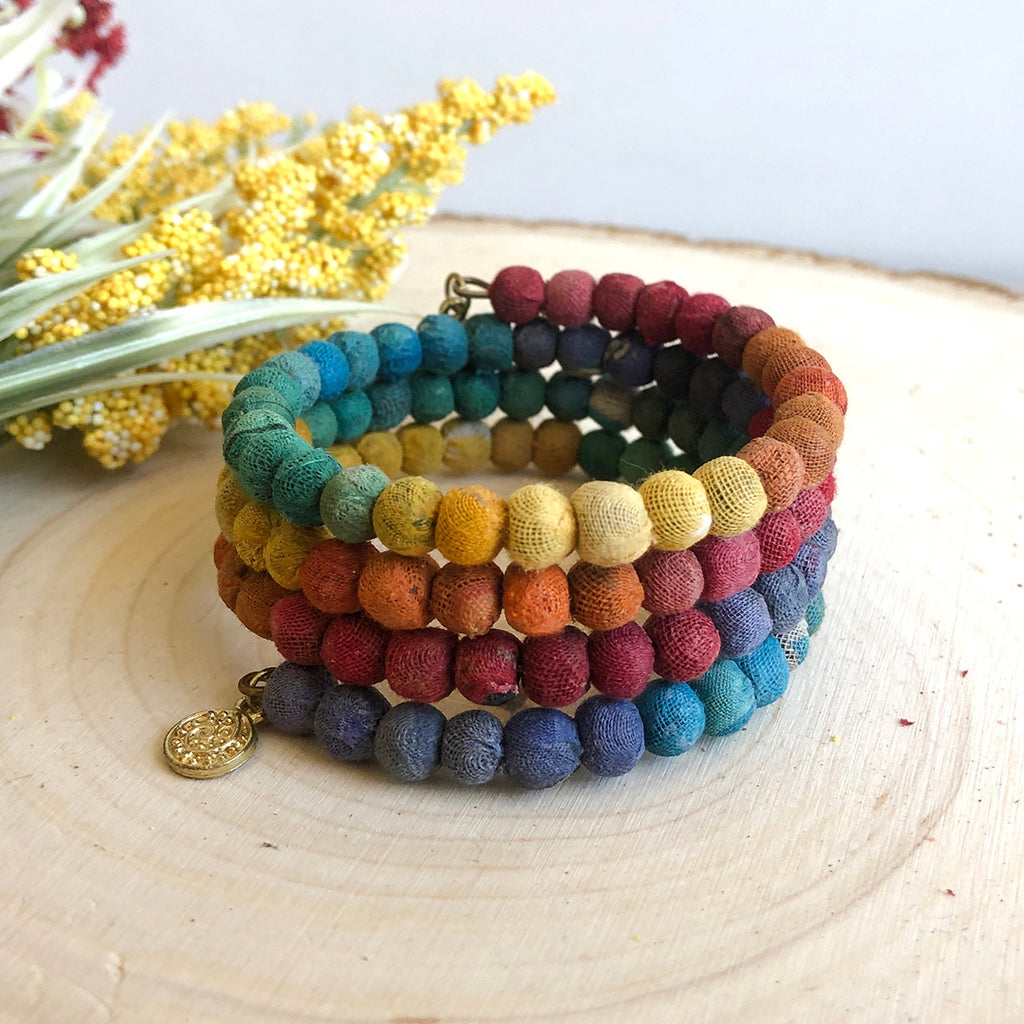 World Finds Fair Trade Jewelry Kantha Bead Rainbow Spiral Bracelet