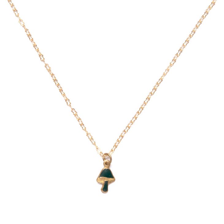 Tiny Mushroom Charm Necklace Goldtone Gold Plated Brass Chain