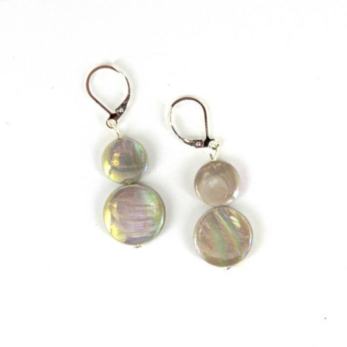 Mother of Pearl Iridescent Coin Drop Dangle Earrings - Taupe