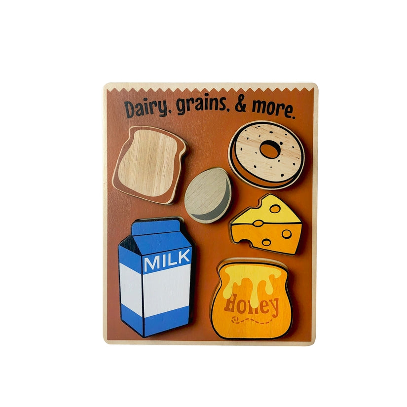 Dairy, grains, & more. Wooden Grocery Puzzle. Ages 2+. Made of eco-friendly rubberwood.