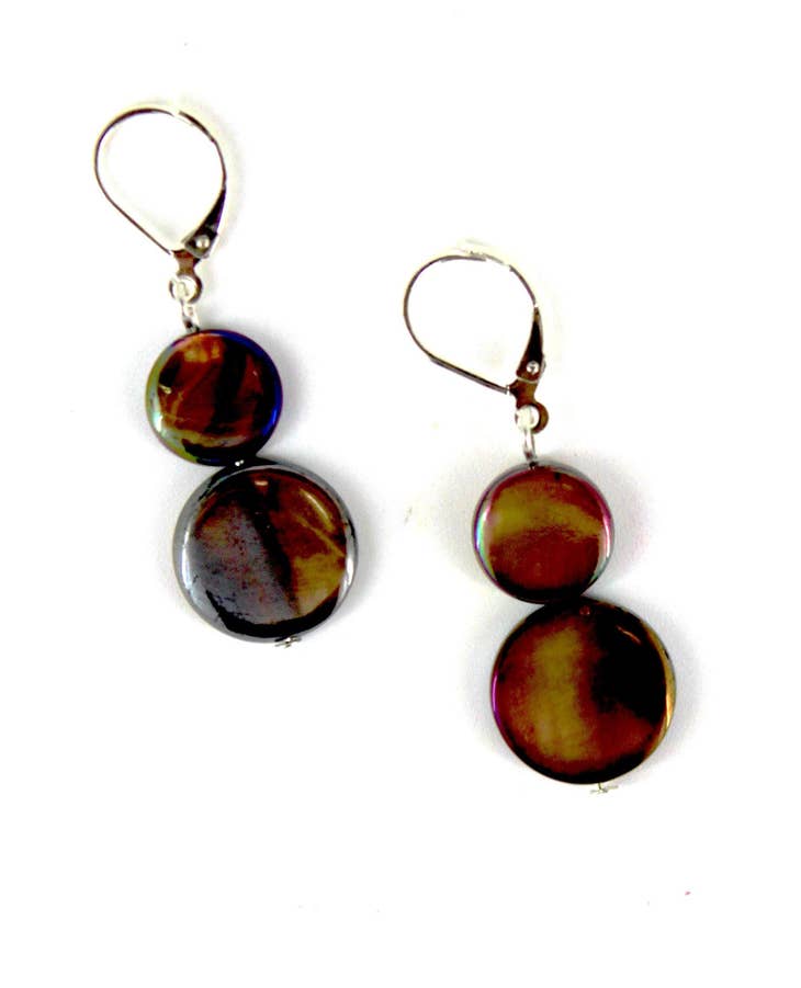 Chocolate Mother Of Pearl Coin Drop Dangle Earrings