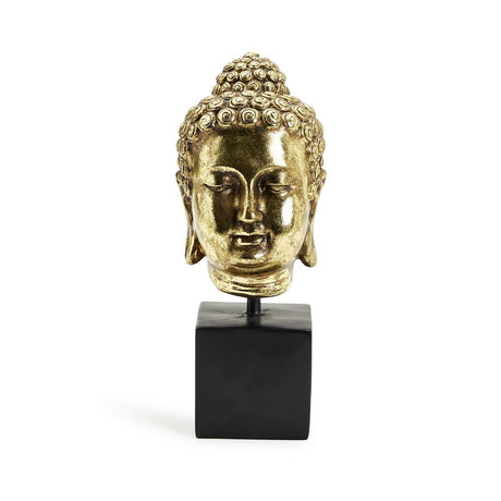 Golden Buddha Head on Black Pedestal Stand with Antique Finish - Resin