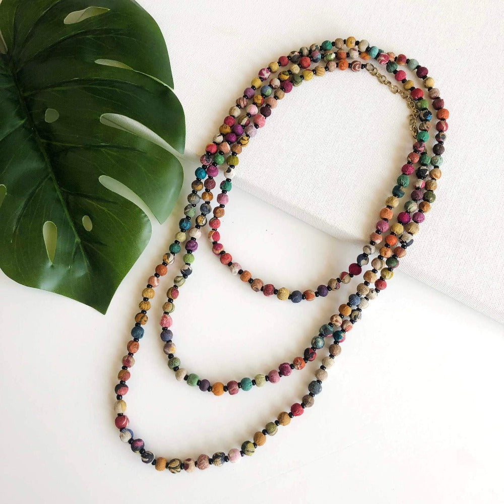 World Finds Fair Trade Handmade Necklace Kantha Beaded Long One of a kind.