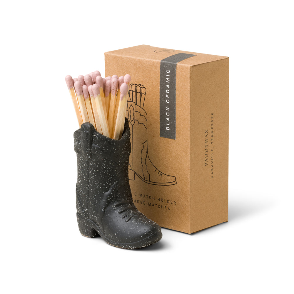 Ceramic Cowboy Boot Match Holder Black With Box