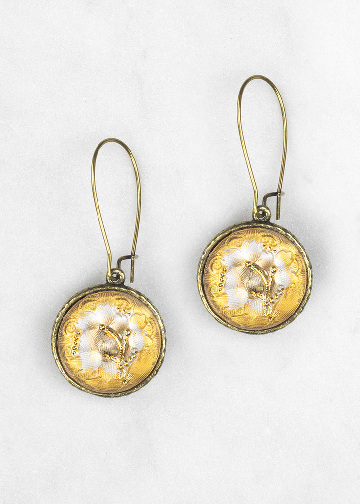 Grandmother's Buttons Gold & White Czech Hand Pressed Glass on Brass Closed Back Earring Wires.
