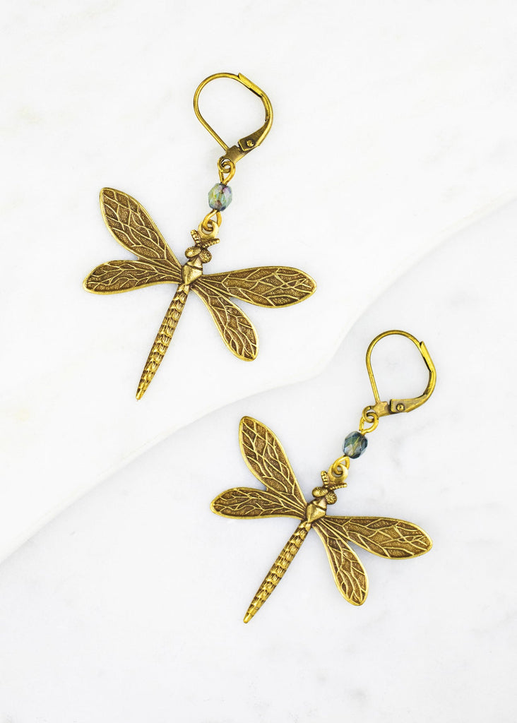 Earrings Brass Dragonfly Stampings & Czech Glass Bead Accented Dangle Earrings. Grandmother's Buttons.