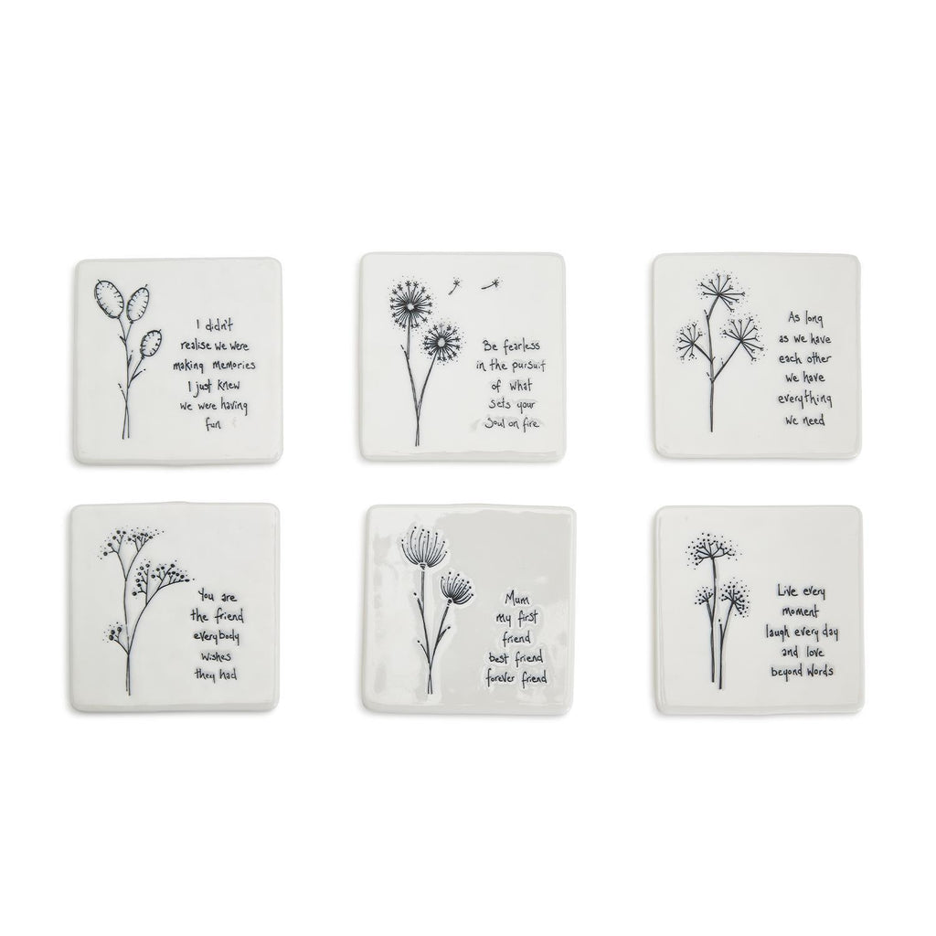 Floral Coaster 6 Assorted Designs: You are the Friend, As Long as Have Each Other, Realize Making Memories, Live Every Moment, Be Fearless, Mom my Friend Designed by East of India - Porcelain