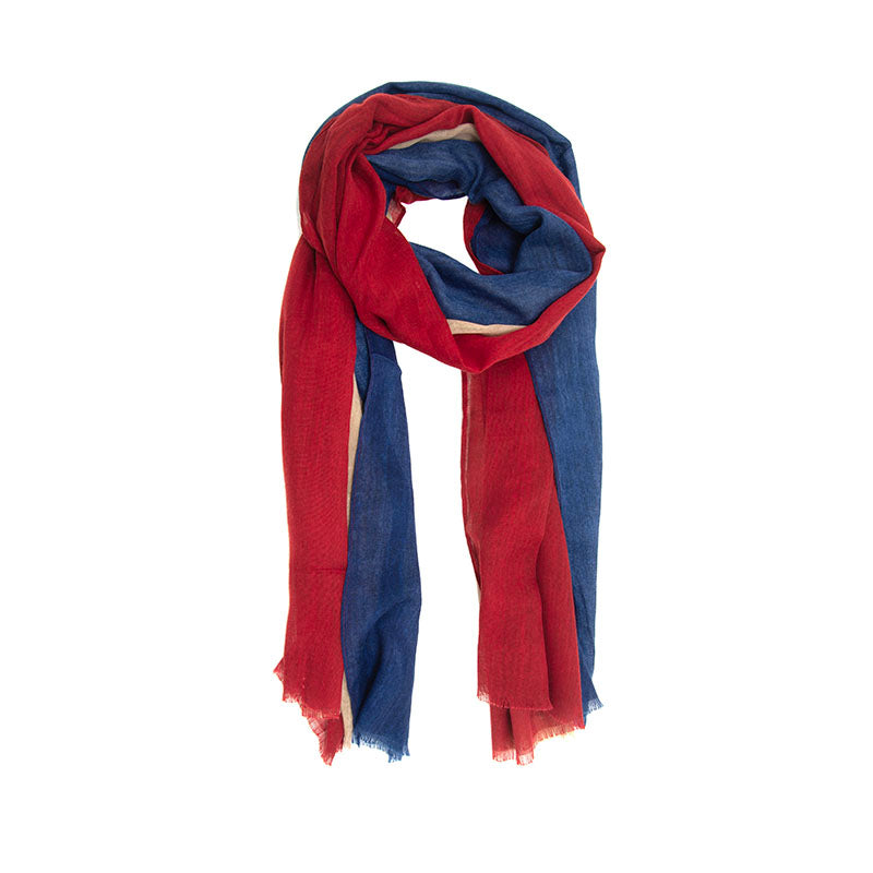Crimson Red Cream and Navy Wide Striped Long Lightweight Scarf