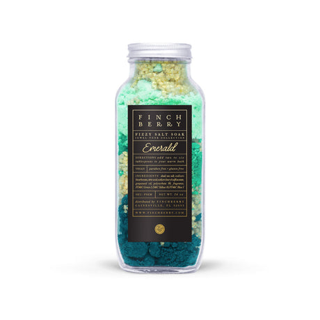 Finchberry Emerald Fizzy Salt Bath Soak. Vegan and Cruelty Free. 16 oz Apothecary Jar.