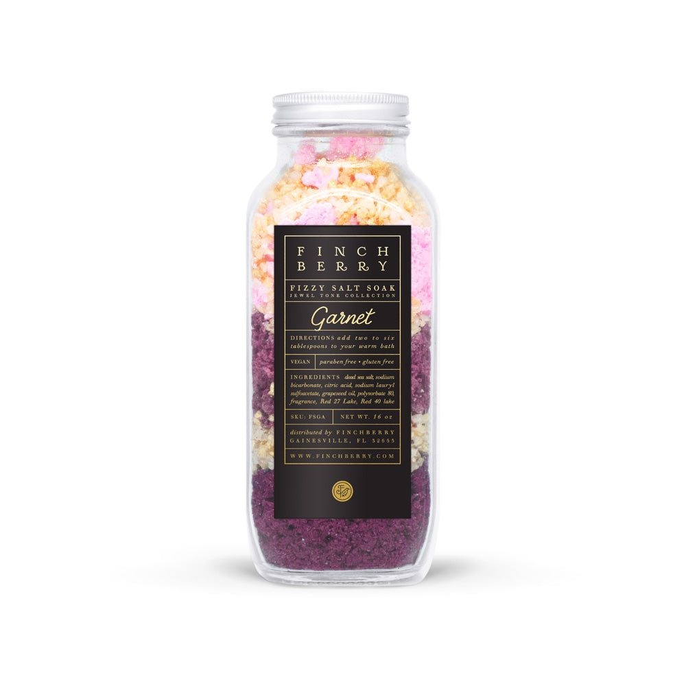 Finchberry Garnet Fizzy Salt Bath Soak. 16 oz Glass Apothecary Jar. Vegan and Cruelty Free.