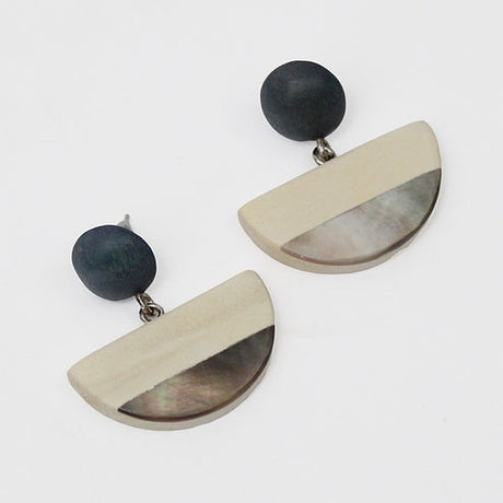 Ivory Wood and Shell Half Moon Earrings Sylca Designs Jewelry