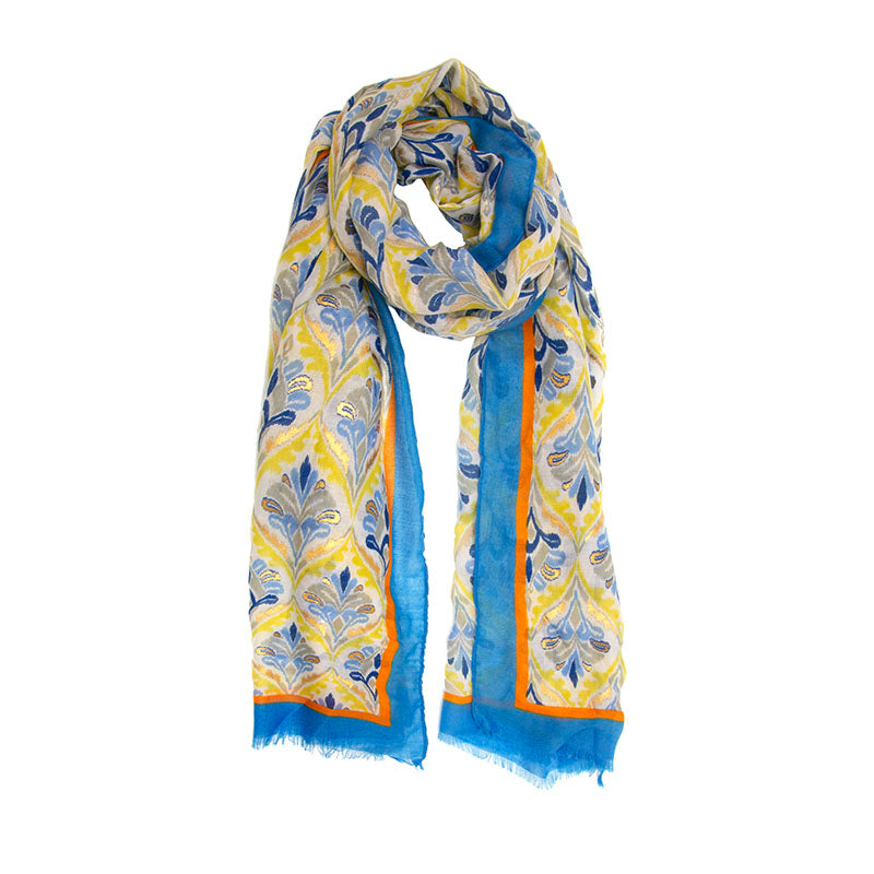Gold Accented Quatrefoil Print Bordered Long Scarf Blue
