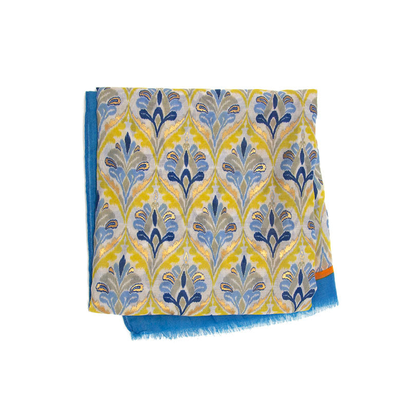 Blue Gold Accented Quatrefoil Print Bordered Long Scarf 