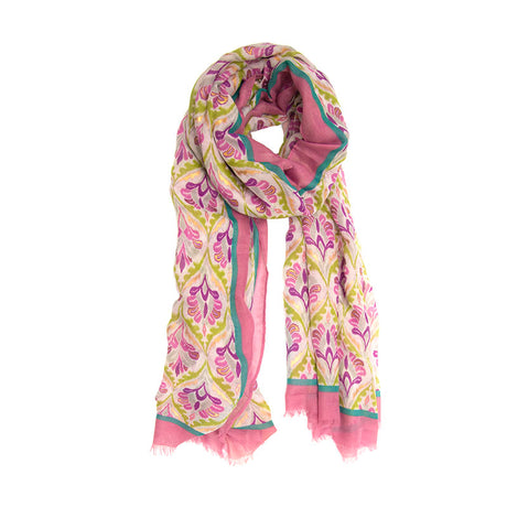 Gold Accented Quatrefoil Print Bordered Long Scarf Pink