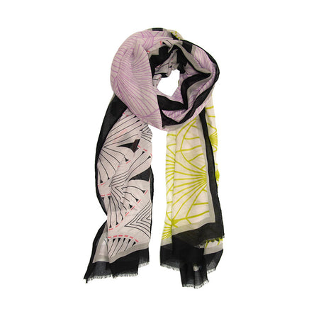 Deco Fan Print Frame Bordered Long Scarf Black, Citron Green, Lavender Purple