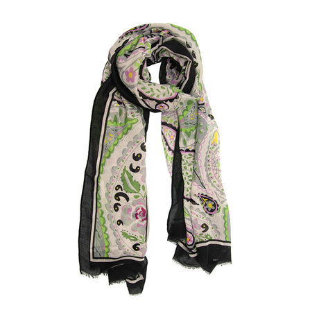 Black, Green, Purple Floral Paisley Bold Border Long Scarf