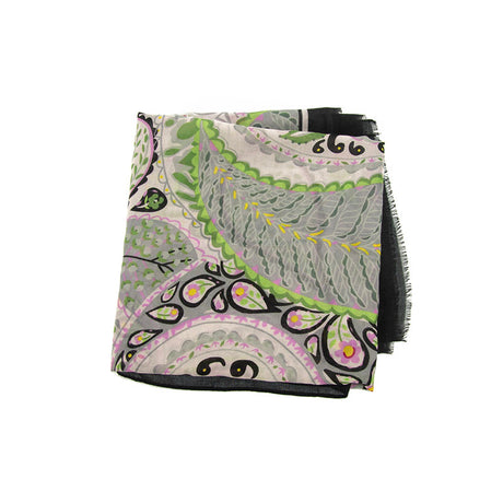 Floral Paisley Bold Border Long Scarf Black, Green, Purple