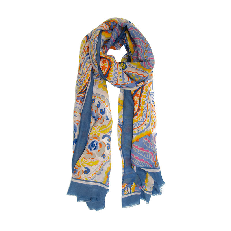 Blue and Yellow Floral Paisley Bold Border Long Scarf