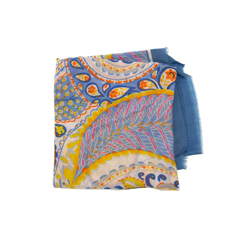 Floral Paisley Bold Border Long Scarf Blue Yellow