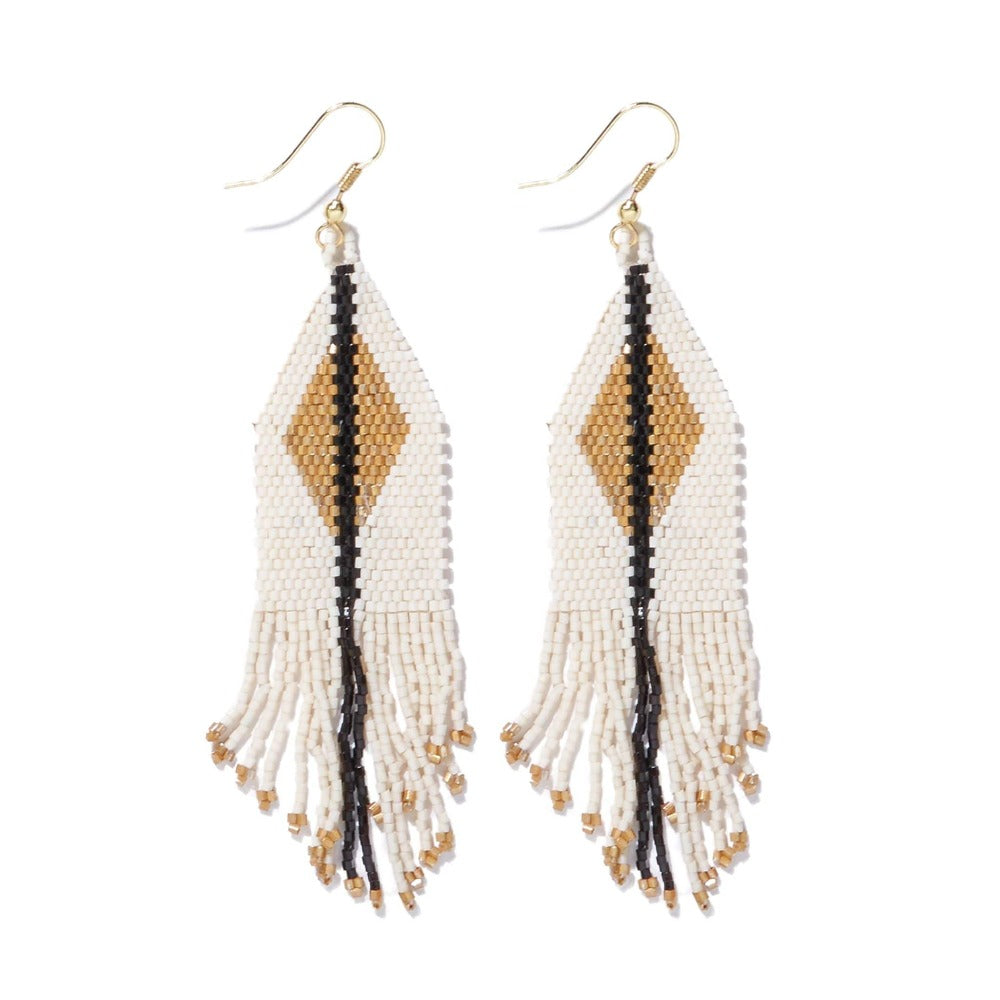 Ink + Alloy Glass Seed Beads Ivory With Gold Luxe Diamond With Fringe Earring