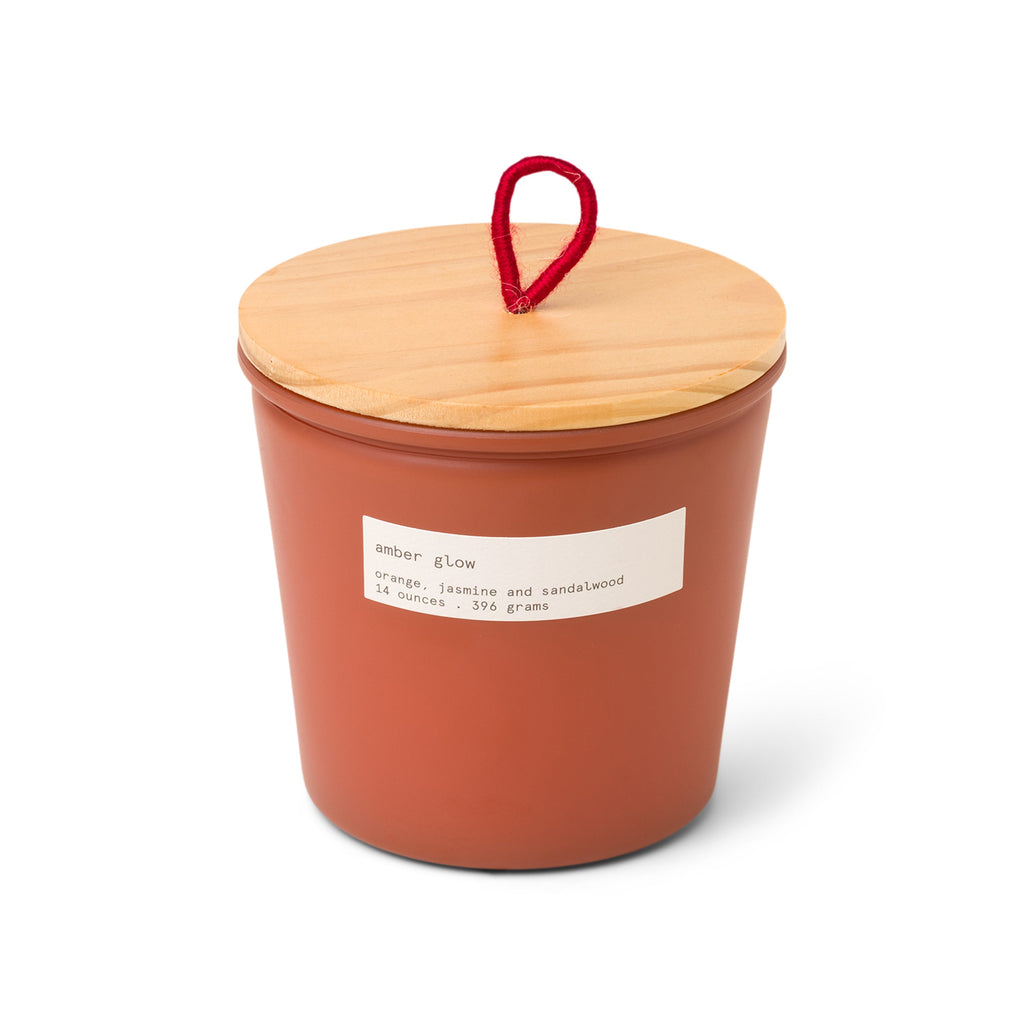 Firefly Senses 14oz Red Tapered Glass with Wood Lid and Orange String Pull Tab. Amber Glow.