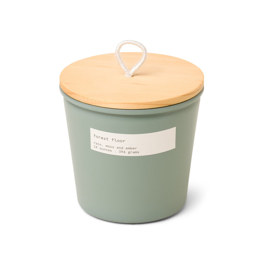 Firefly Senses 14oz Green Tapered Glass with Wood Lid and White String Pull Tab. Forest Floor.