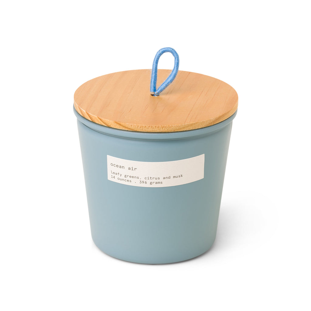 Firefly Senses 14oz Blue Tapered Glass with Wood Lid and Blue String Pull Tab. Ocean Air.