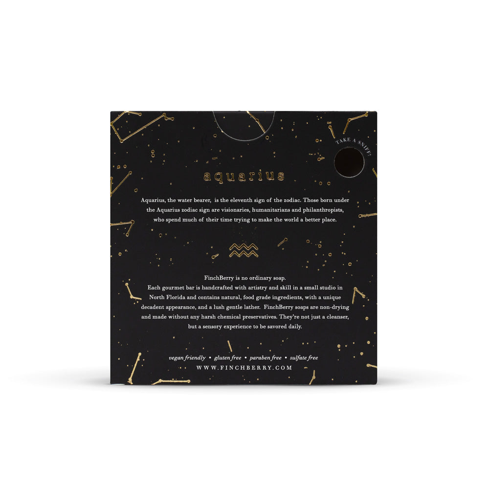 Finchberry Handcrafted Vegan Soap comes in a box. The back has a story about Finchberry and gives a description of an Aquarius person. Vegan friendly, gluten free, paraben free, sulfate free.