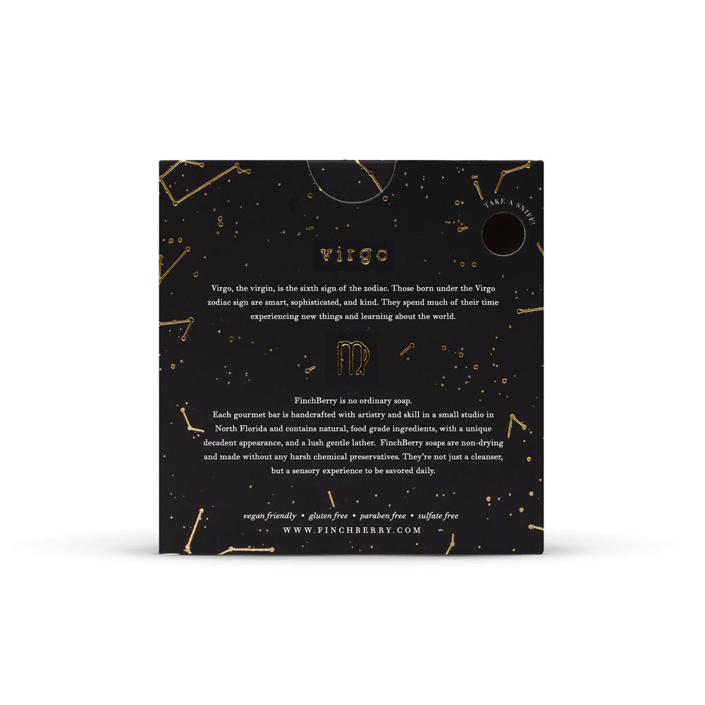 FinchBerry Handcrafted Vegan Soap Boxed. The back of the box tells a story about FinchBerry and describes the characteristics of a Virgo Sun Sign.