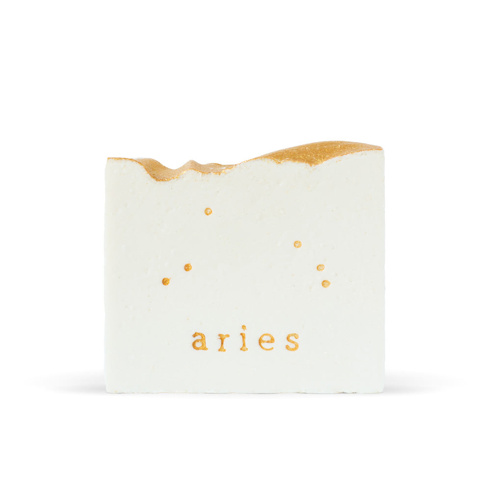 FinchBerry Handcrafted Vegan Soap: Zodiac Collection. Featuring natural gold accents of the Aries Astrological Constellation and font that says "aries."