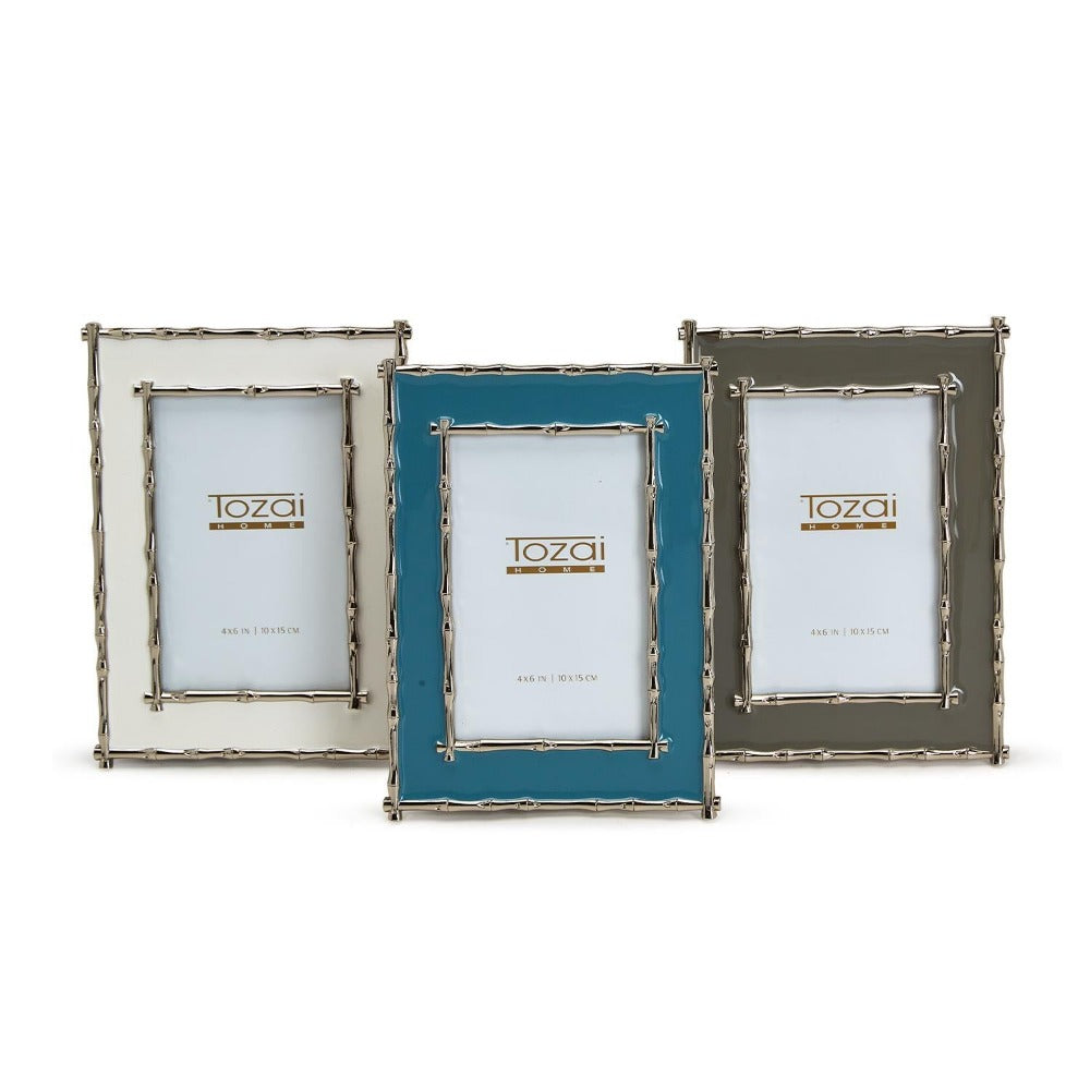Silver Bamboo Enamel Photo Picture Frame in Three Colors and Silver Bamboo Accents Fits 4" x 6" Pictures