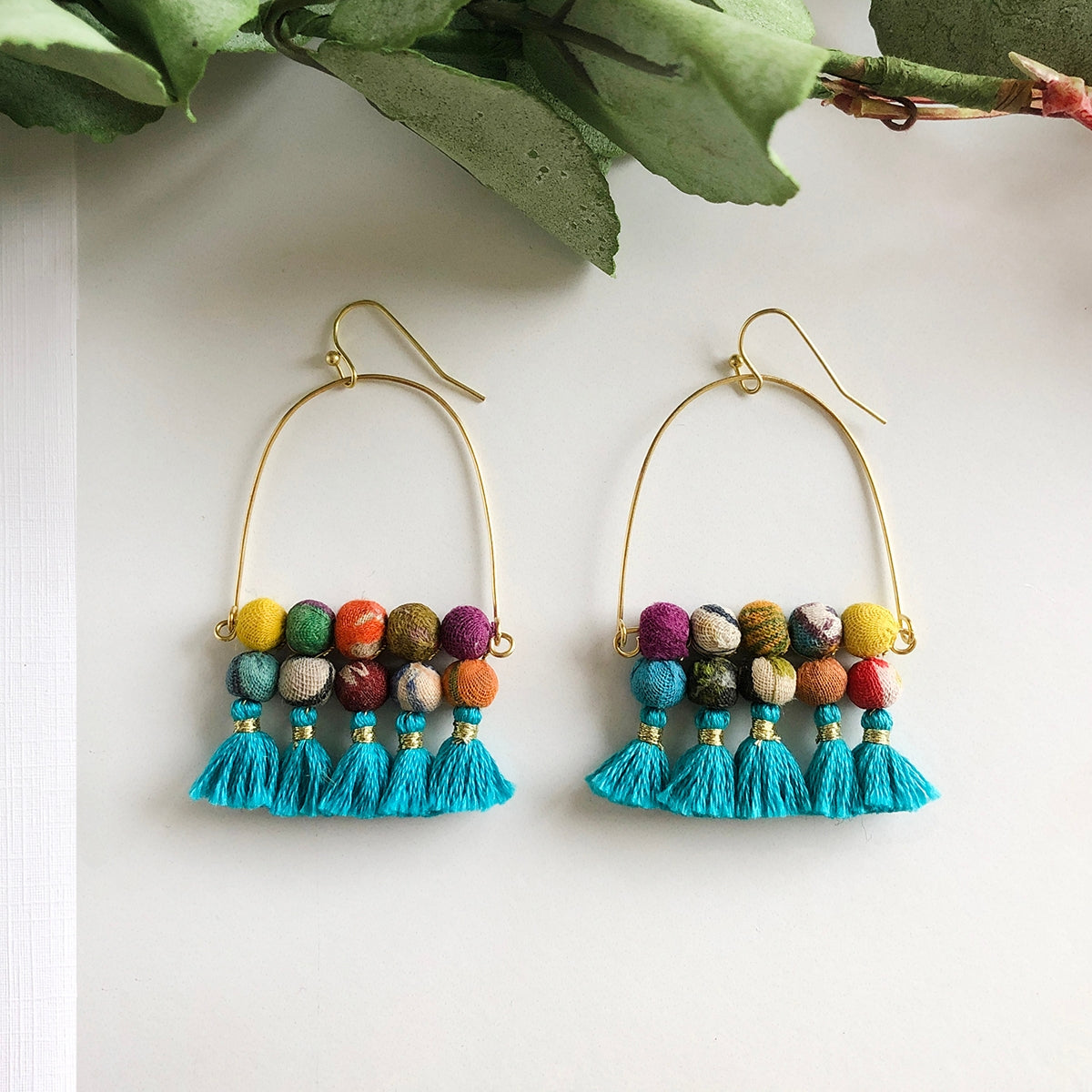 Arched Tassel & Kantha Bead Hoops