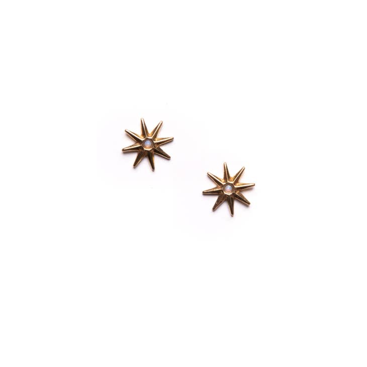 Opal Celestial Burst Stud Earrings Goldtone Handmade