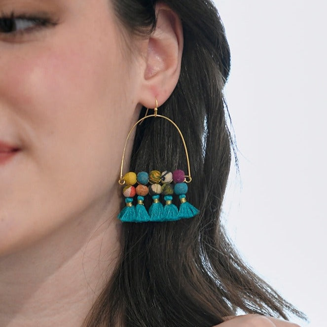 Arched Tassel & Kantha Bead Hoops