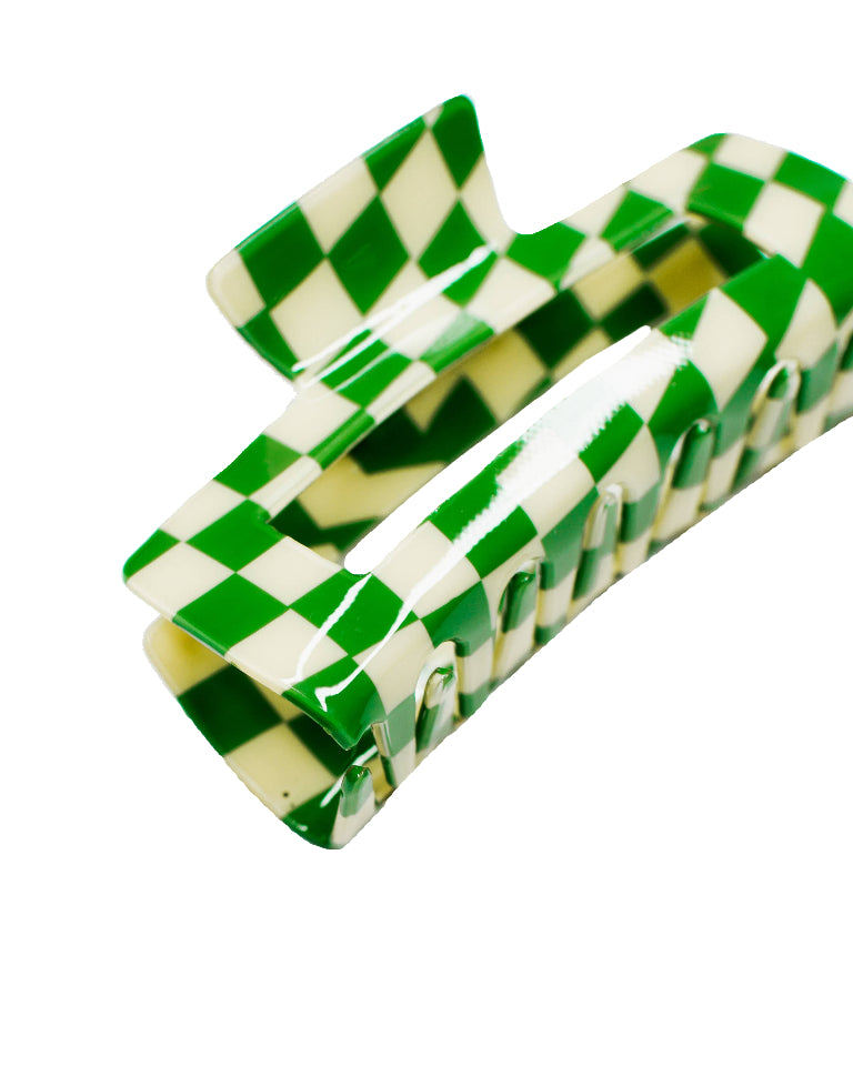 Checkered Hair Claw Clip Green and White